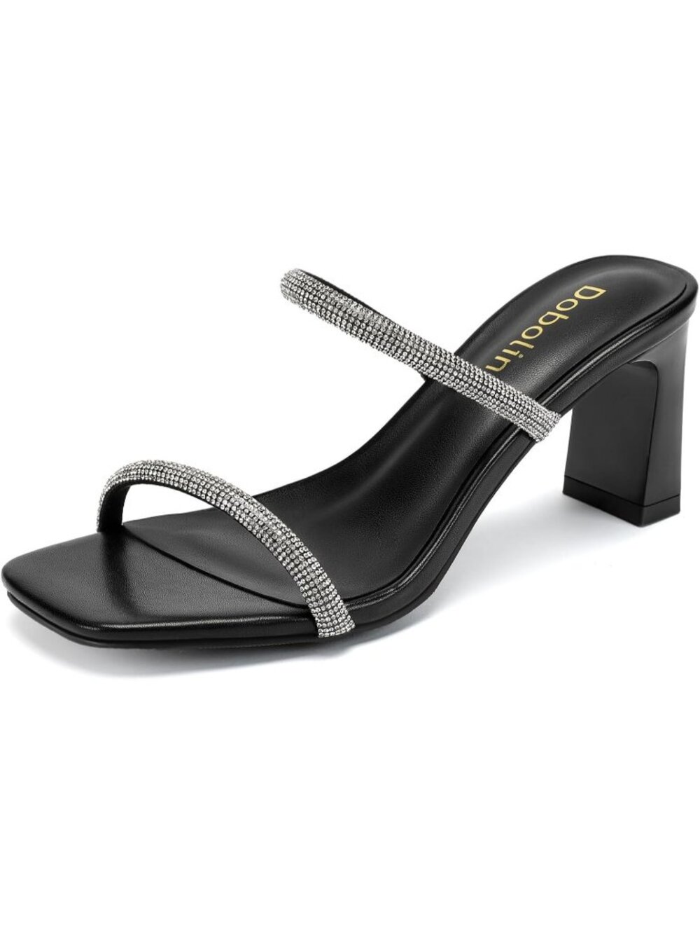 Women's Black Rhinestone Square Toe Strap Slip On Block Heel Sandals